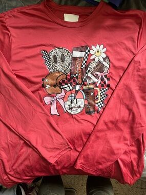 Women’s Long-Sleeve Crewneck Tee in Coral with Playful Graphic football